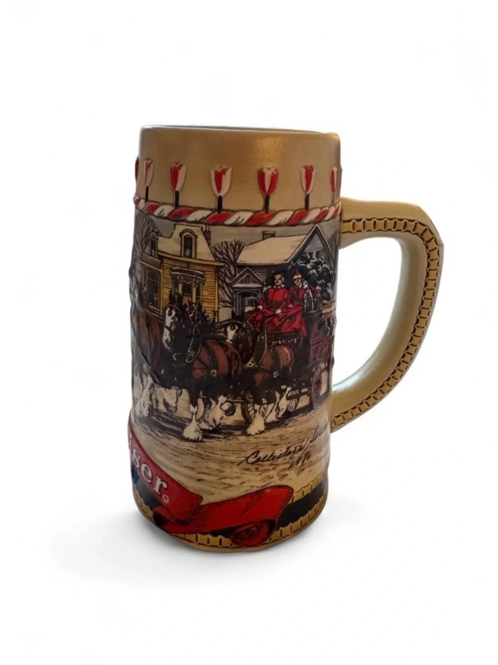 Vintage 1986 Budweiser Clydesdales Holiday Stein, Brazil Winter Scene Mug